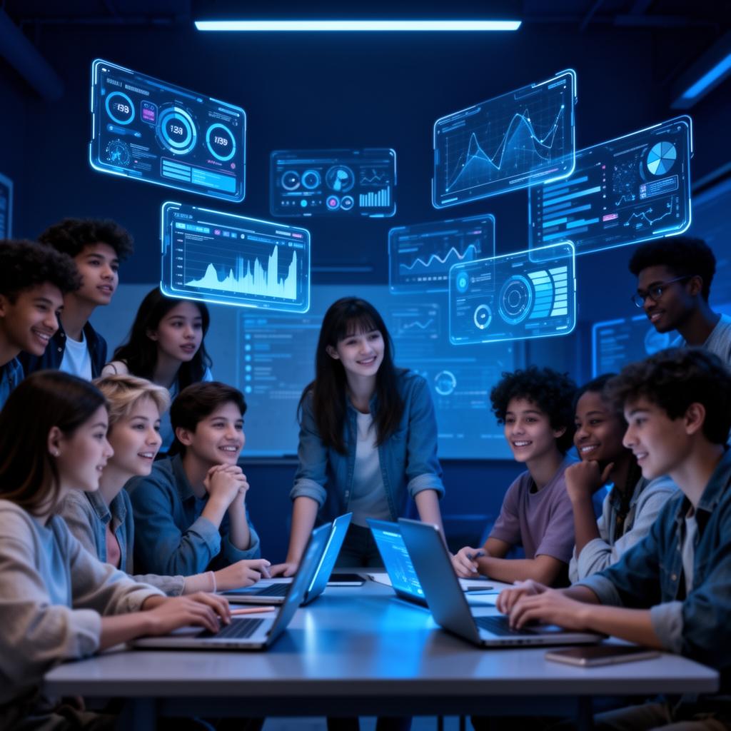 Students collaborating with AI readiness dashboards